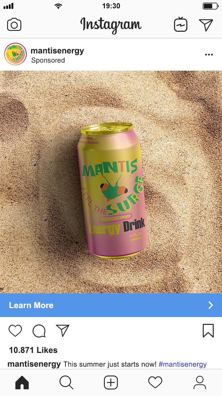 Big mantis head drawing. Under the logo there is a `Feel The Surge` phrase is shown.