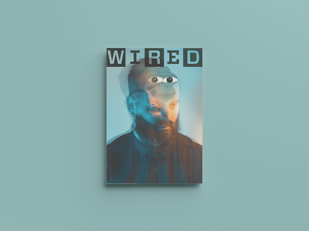 A Man and a cartoon frog meging to each other. Wired logo on the top