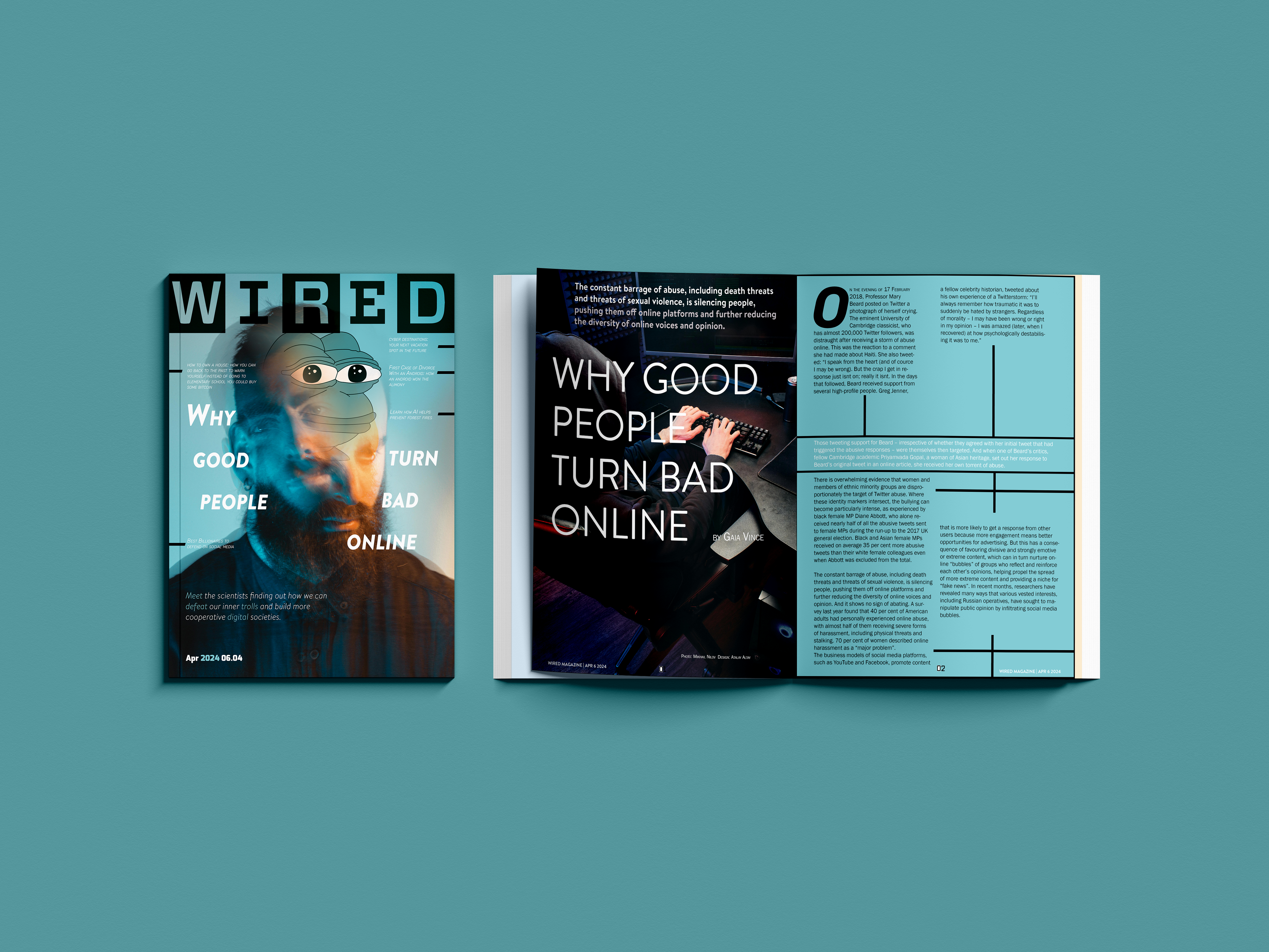 Main page and 2 opened pages can be seen from 2 different magazines. 