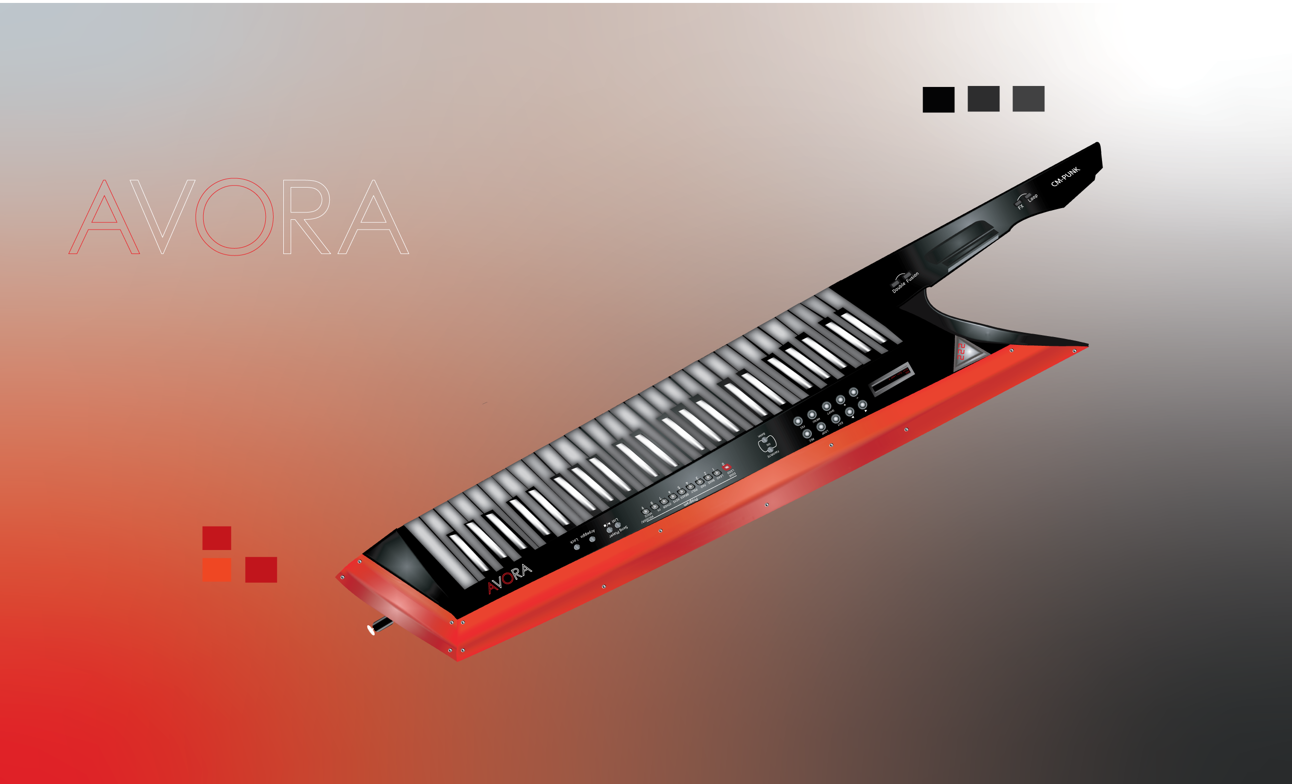 Drawing of the black and red keytar. While down parts are colored with red and up parts are colored with black and grey.