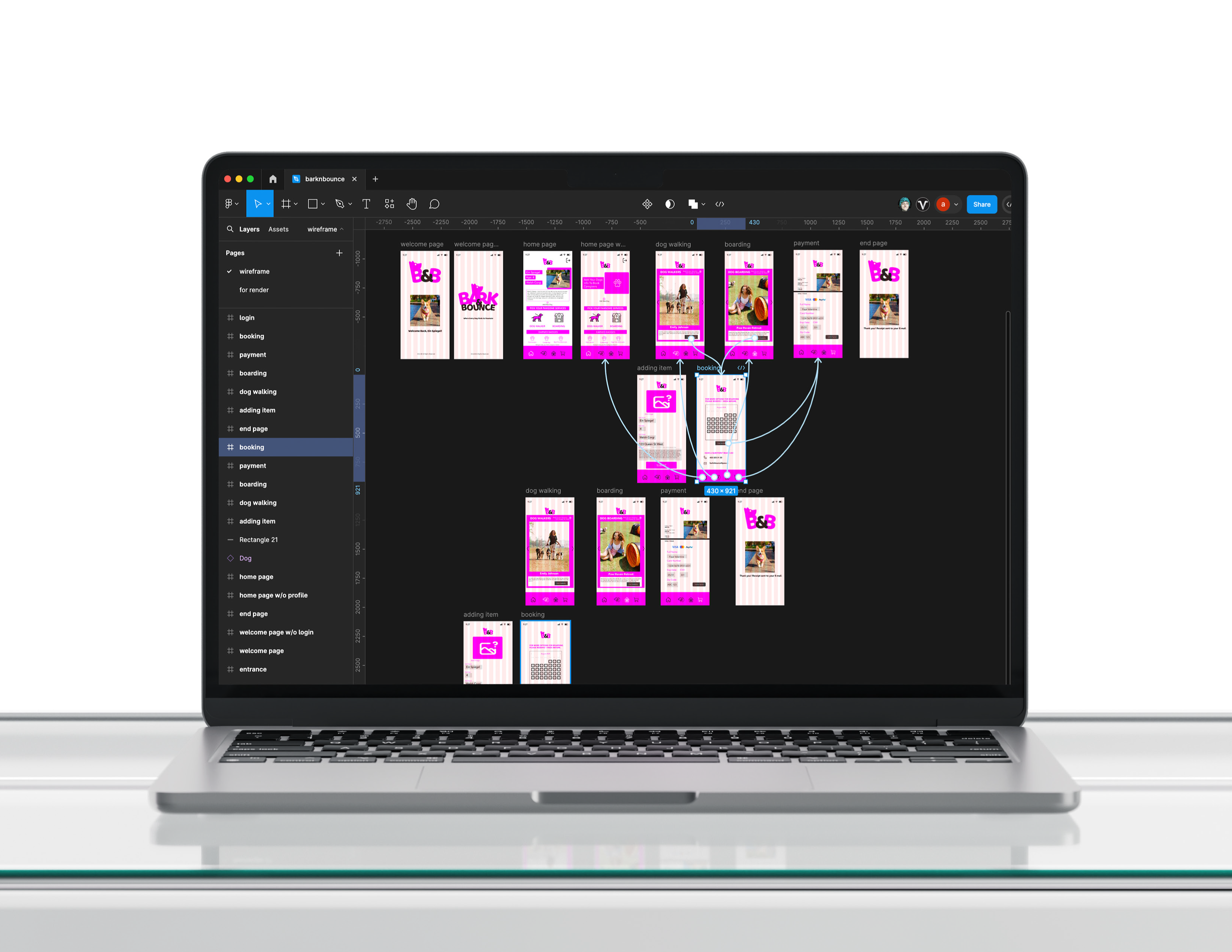 Wireframe map of Bark & Bounce on a pc mock-up