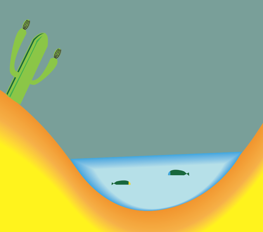 Desert and oasis drawing. a cactus can be seen.