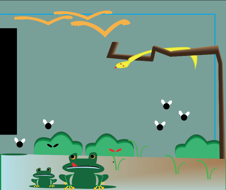 Frogs are sitting on lily pads. A snake about to attack them.